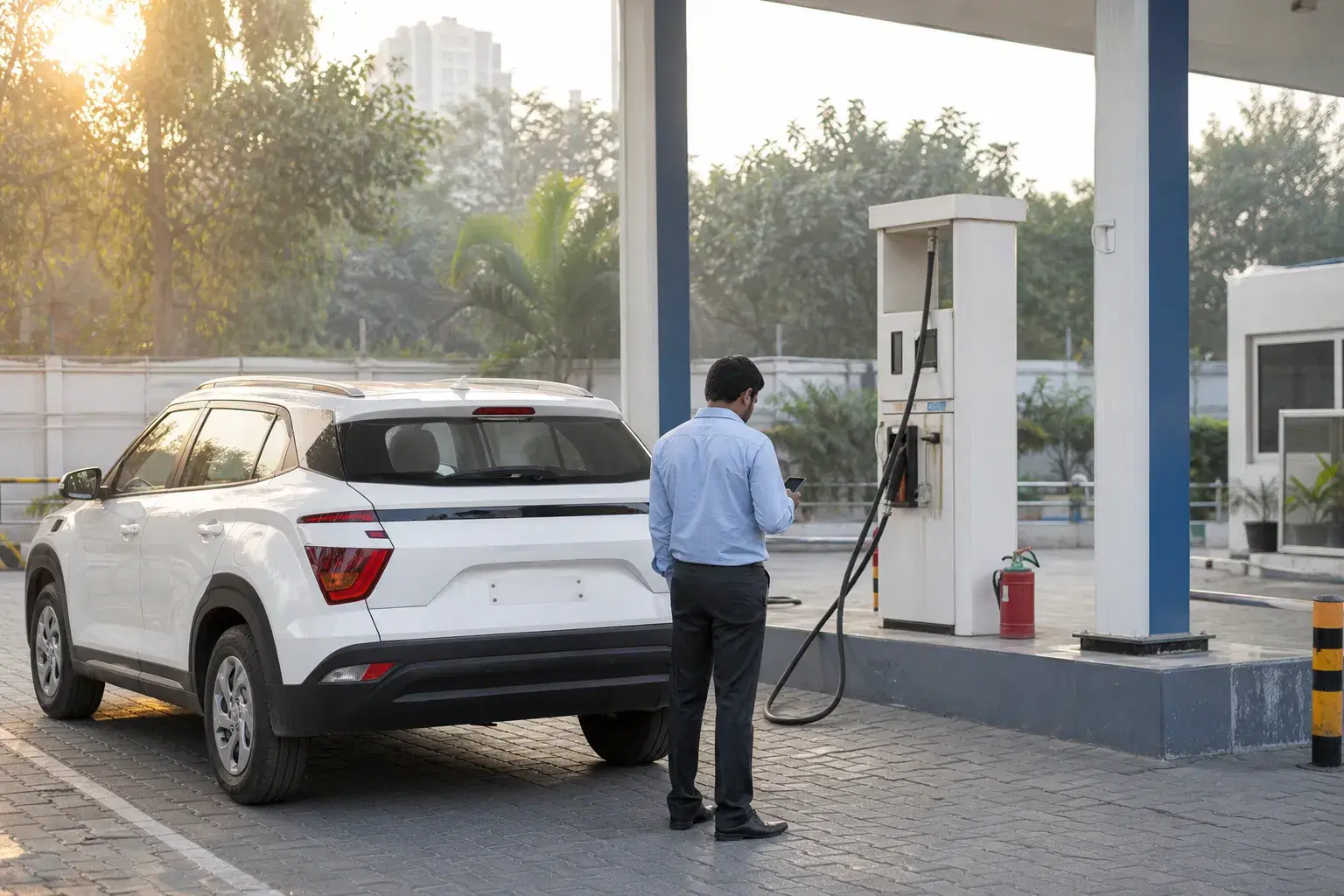 A cab driver checks a phone beside a compact SUV near a CNG filling area.