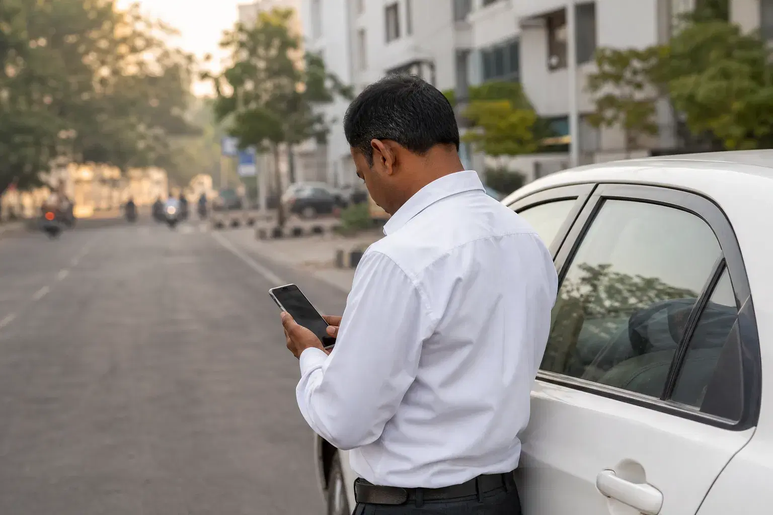 A cab driver checking a phone beside a car on an Indian city road