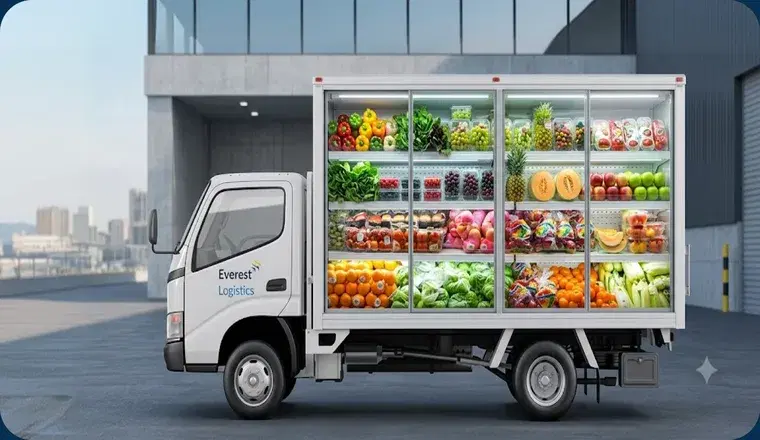 Everest Logistics refrigerated truck with shelves of fresh fruit and vegetables