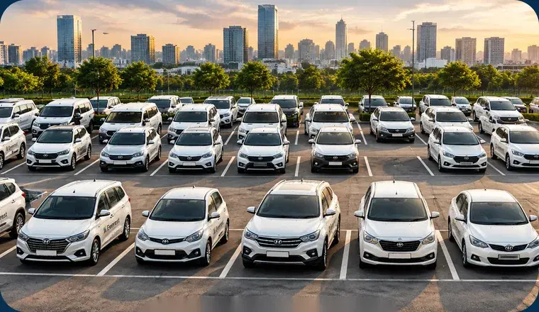 Rows of white Everest Fleet cars parked in front of a city skyline